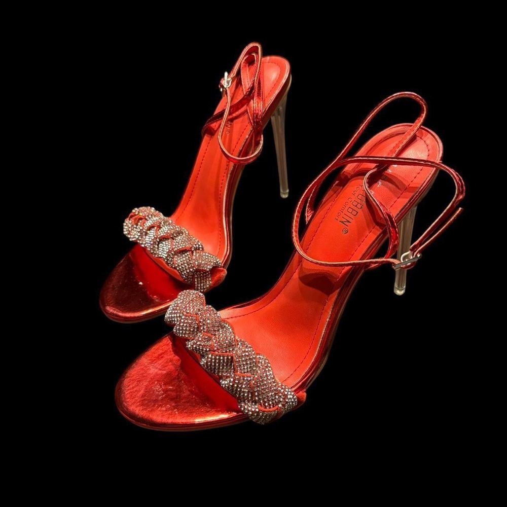 Elegant Red Strappy Heels with Rhinestone Detailing